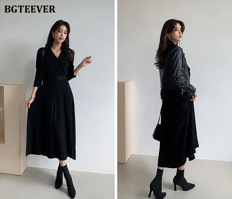 Autumn Winter Knitted Belted dresses