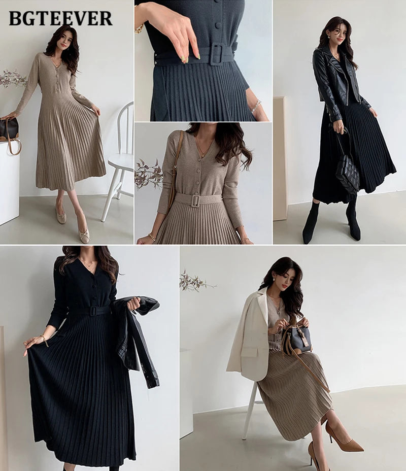 Autumn Winter Knitted Belted dresses