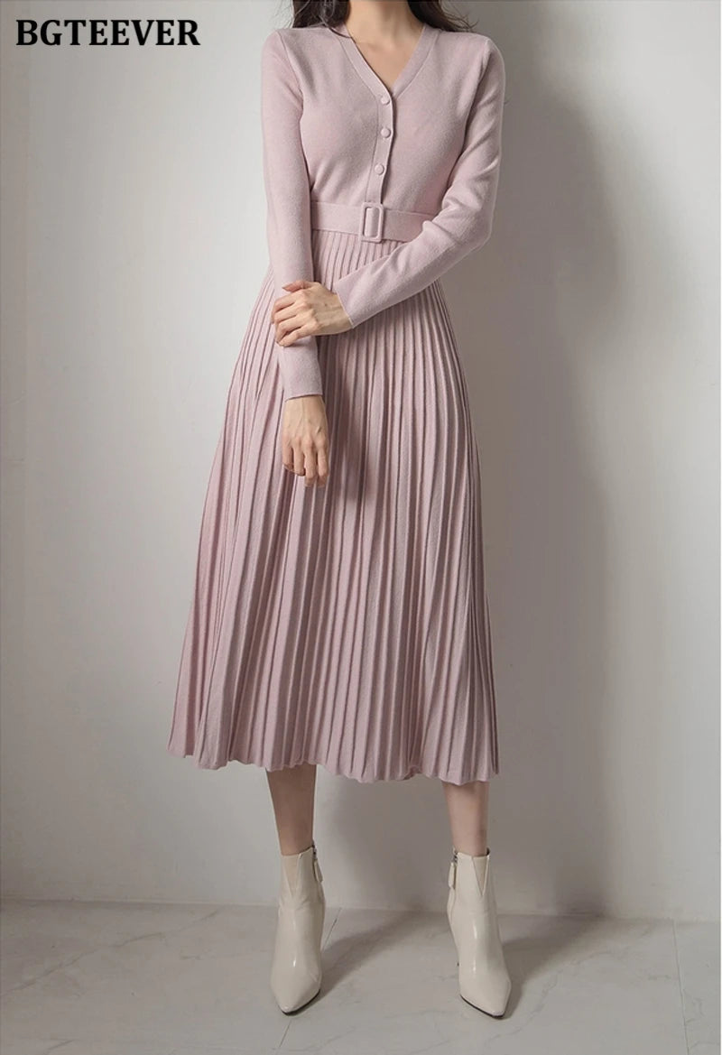 Autumn Winter Knitted Belted dresses