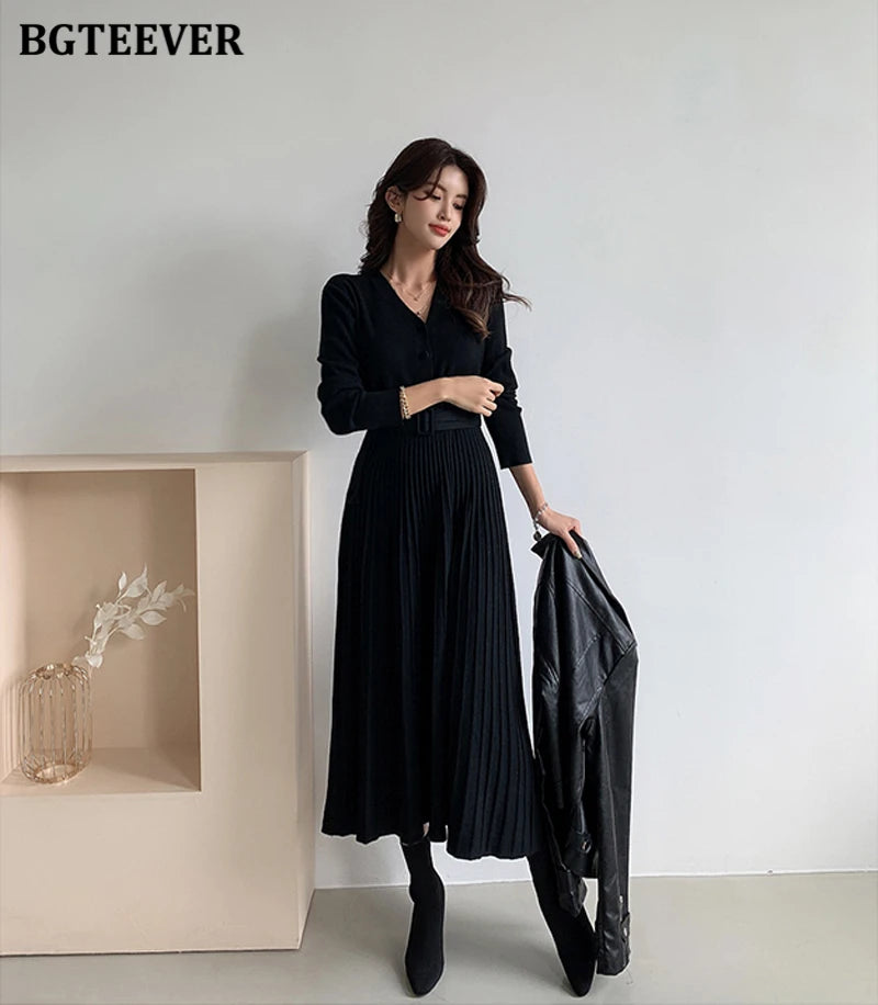 Autumn Winter Knitted Belted dresses