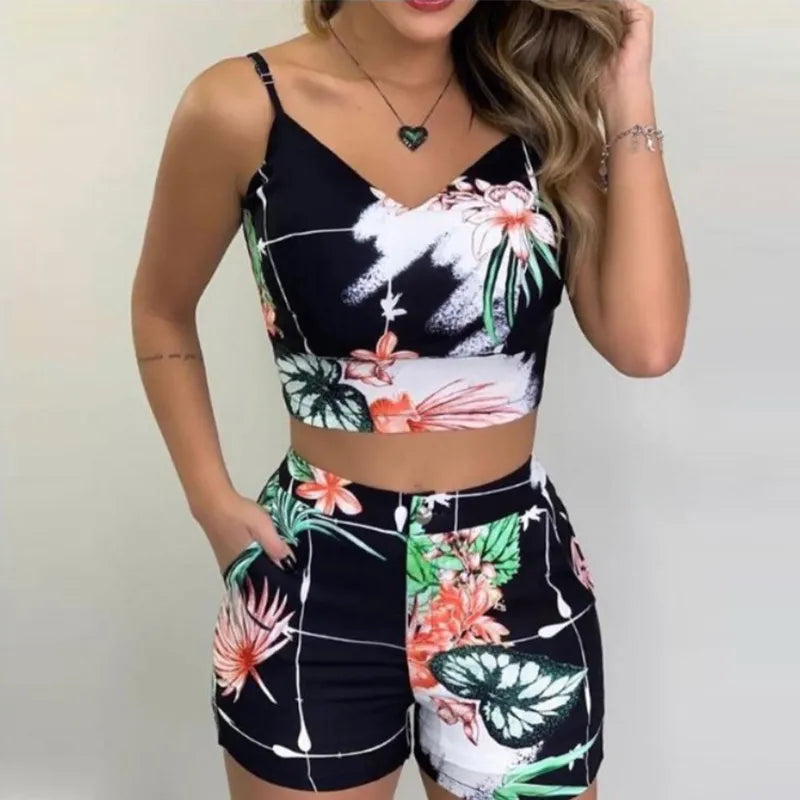 Print Spaghetti Strap Crop Top & Short Sets