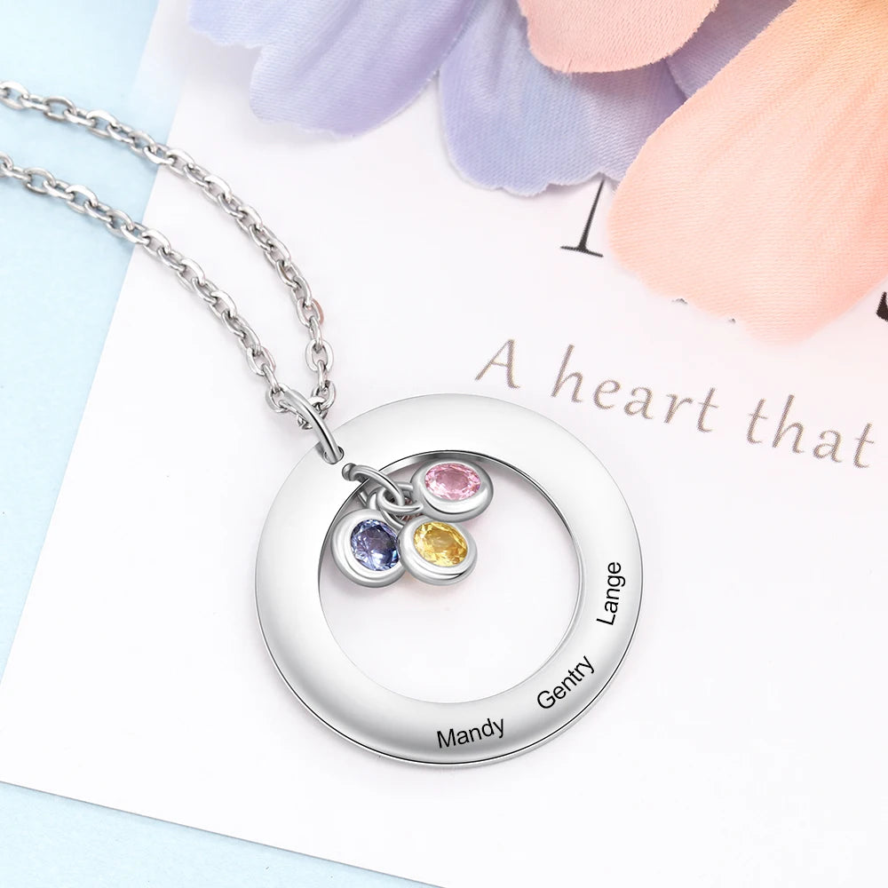 Personalized Stainless Steel Circle Necklace with 1-3 Birthstones Custom Name Engraved Round Pendant Necklace for Women /Mother