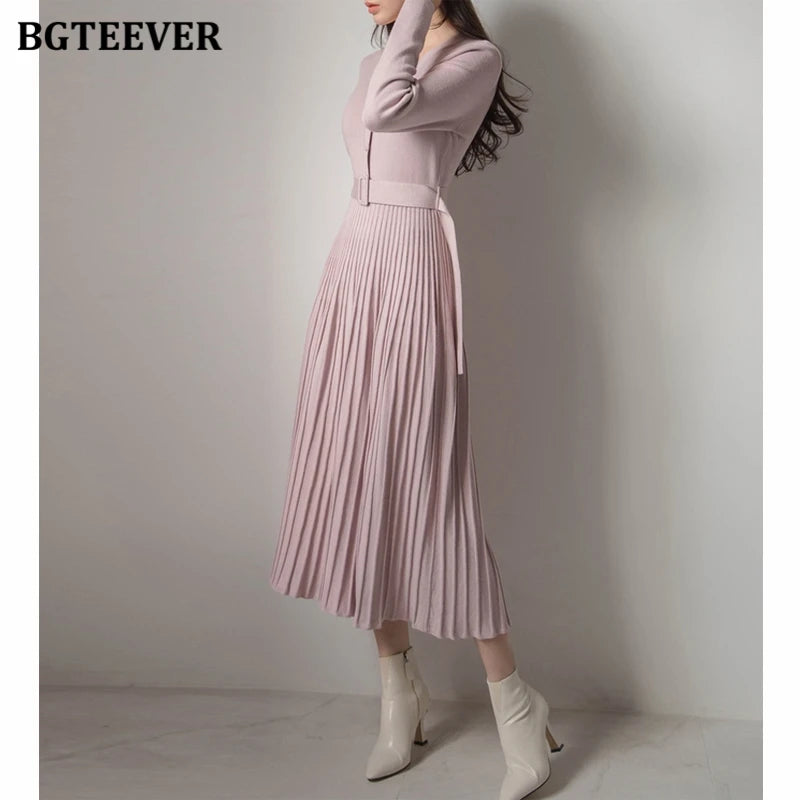 Autumn Winter Knitted Belted dresses