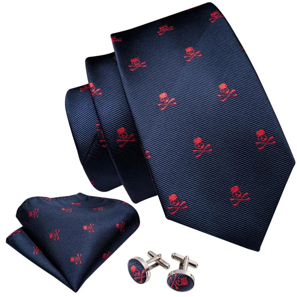 Red Skull Silk Tie Set with Handkerchief – Designer Men’s Necktie for Wedding, Business & Parties