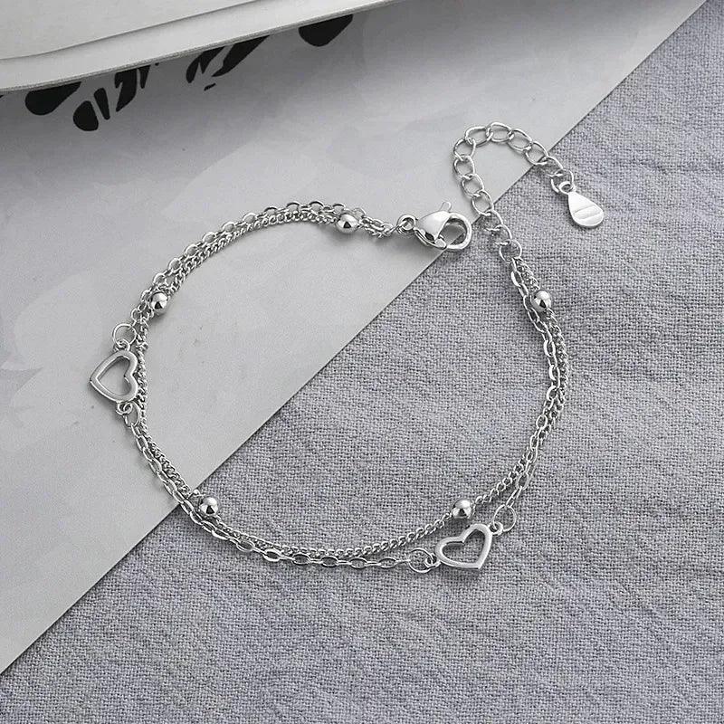Sterling Silver Double Love Heart Hollow Round Beads Bracelet 6848
