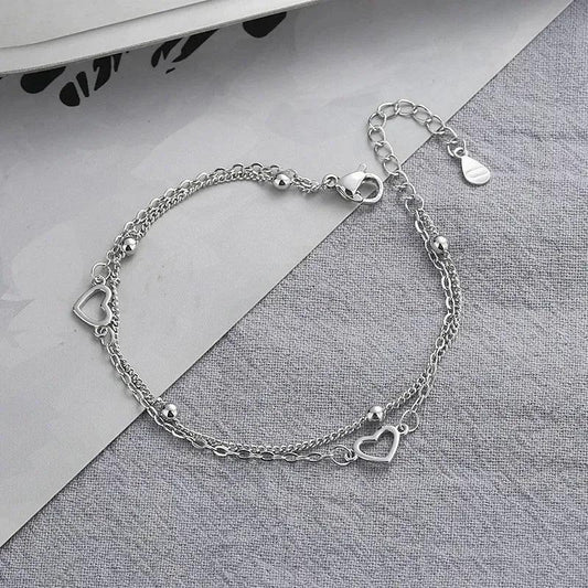 Sterling Silver Double Love Heart Hollow Round Beads Bracelet 6848