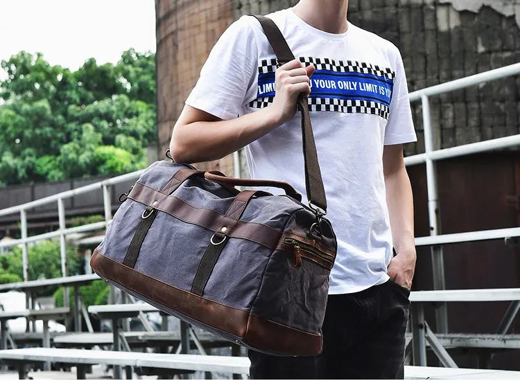 WaterProof Waxed Canvas Leather Men Travel Bag Hand Luggage