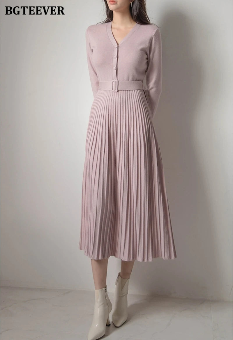 Autumn Winter Knitted Belted dresses