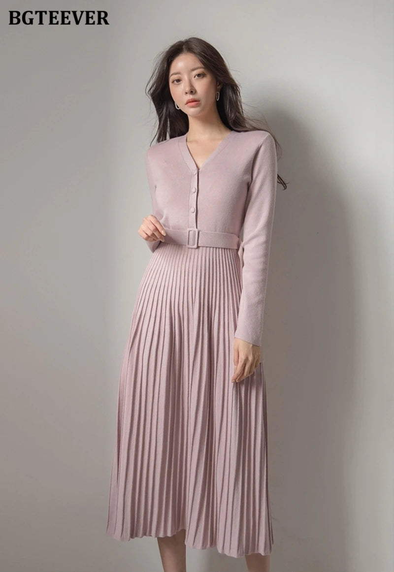 Autumn Winter Knitted Belted dresses