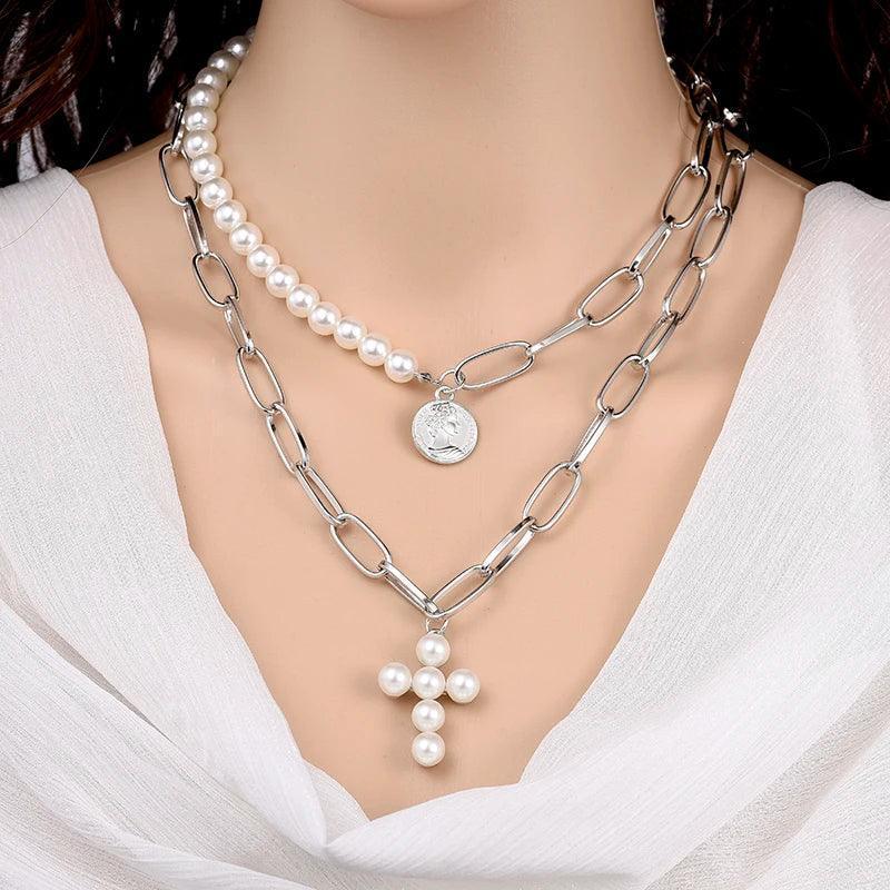 Fashion Chain Pearl Necklace Silver-01
