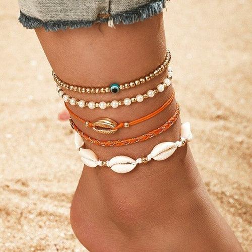 Multi Layered Gold Shell Pendant Chains Ankle Bracelet H24516