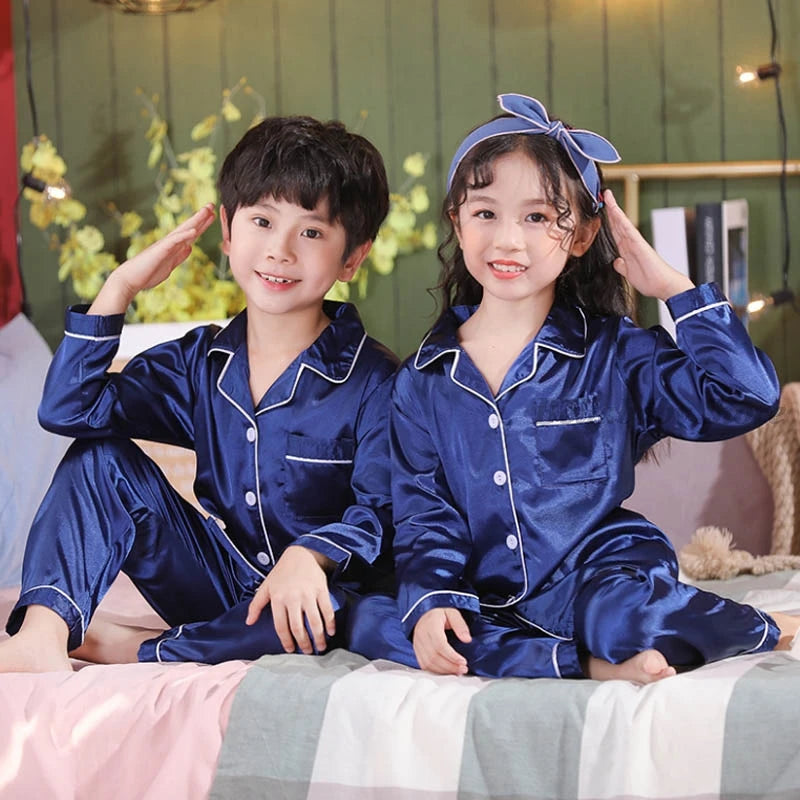 Blue Satin Silk Pajamas Sets for kids