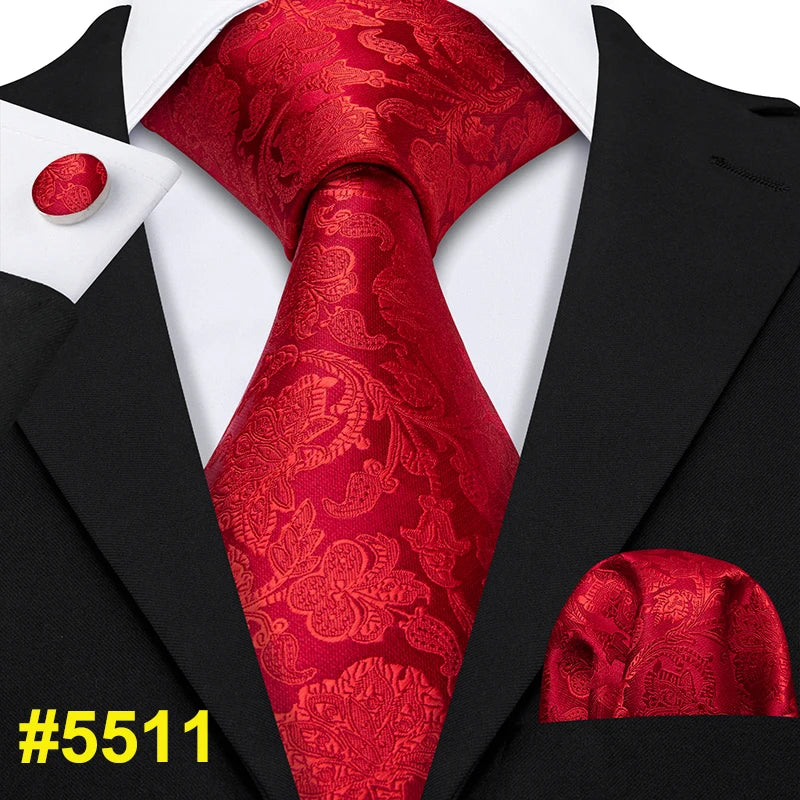 Barry.Wang LS-704 Red Plaid Silk Tie Set with Handkerchief & Cufflinks