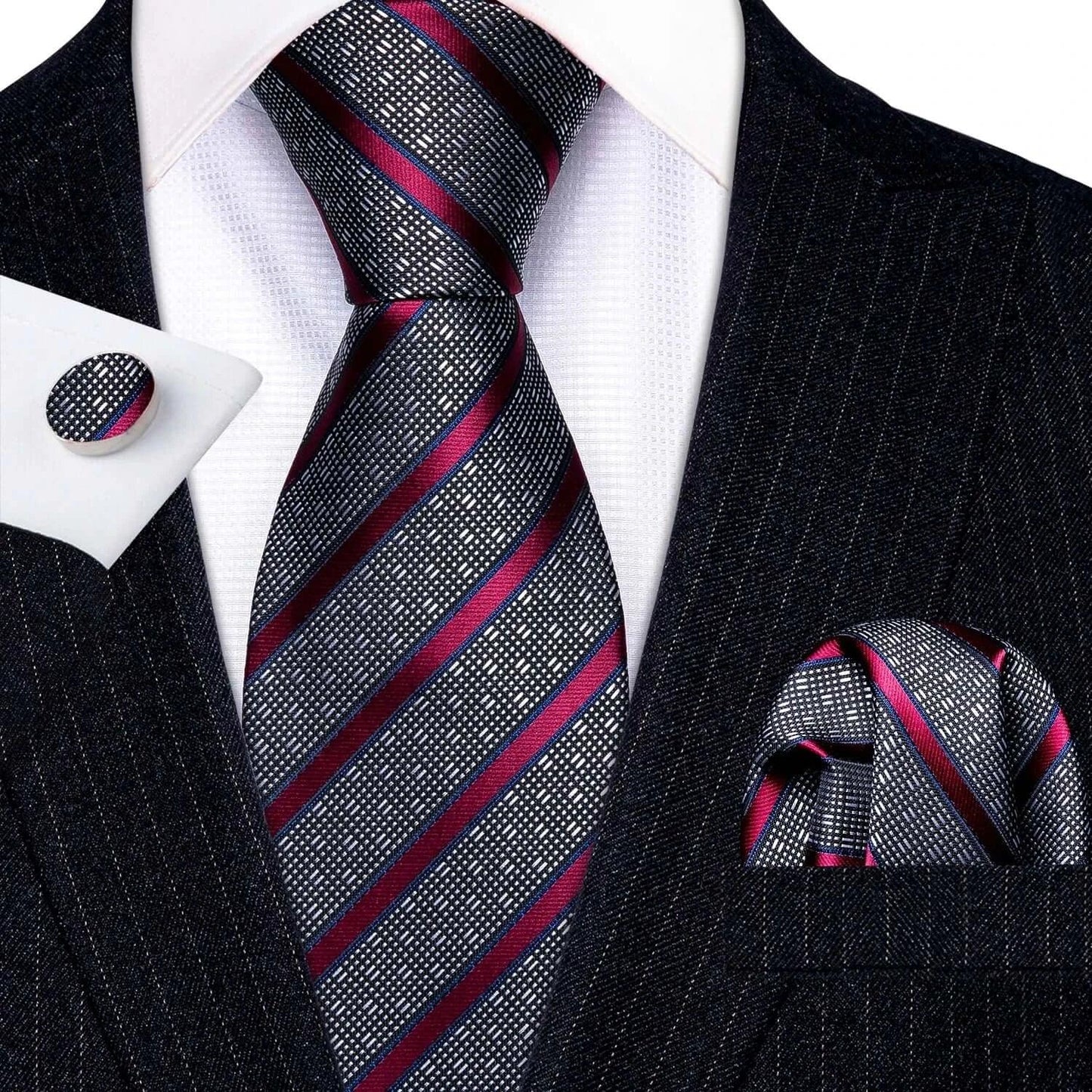 Barry.Wang LS-704 Red Plaid Silk Tie Set with Handkerchief & Cufflinks