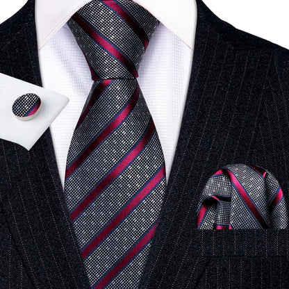 Barry.Wang LS-704 Red Plaid Silk Tie Set with Handkerchief & Cufflinks