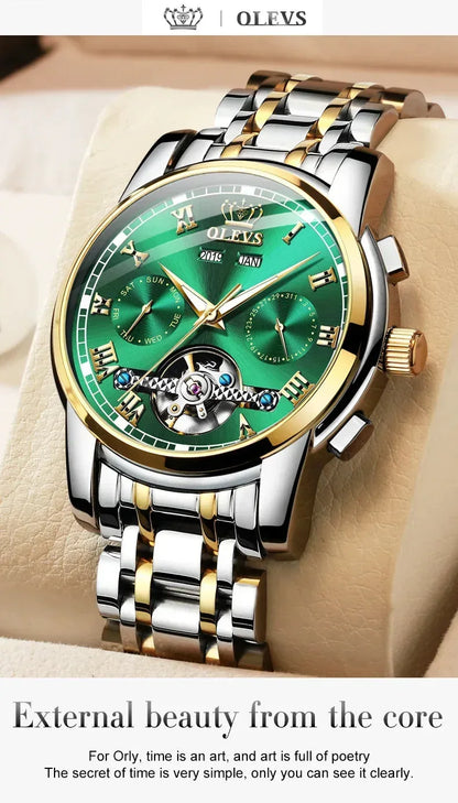 OLEVS Men's Watches Automatic Mechanical Business Wristwatch Silver green face