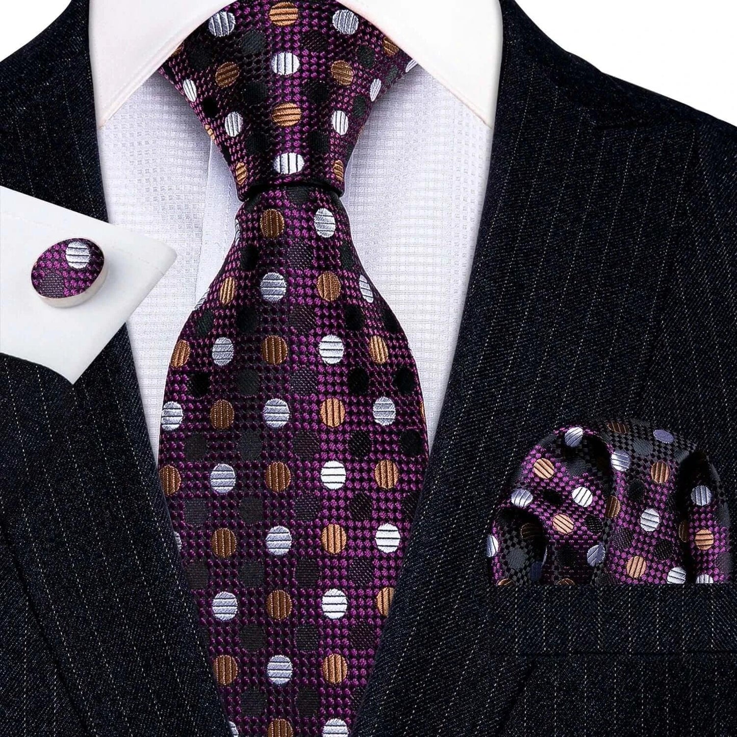 Barry.Wang LS-704 Red Plaid Silk Tie Set with Handkerchief & Cufflinks