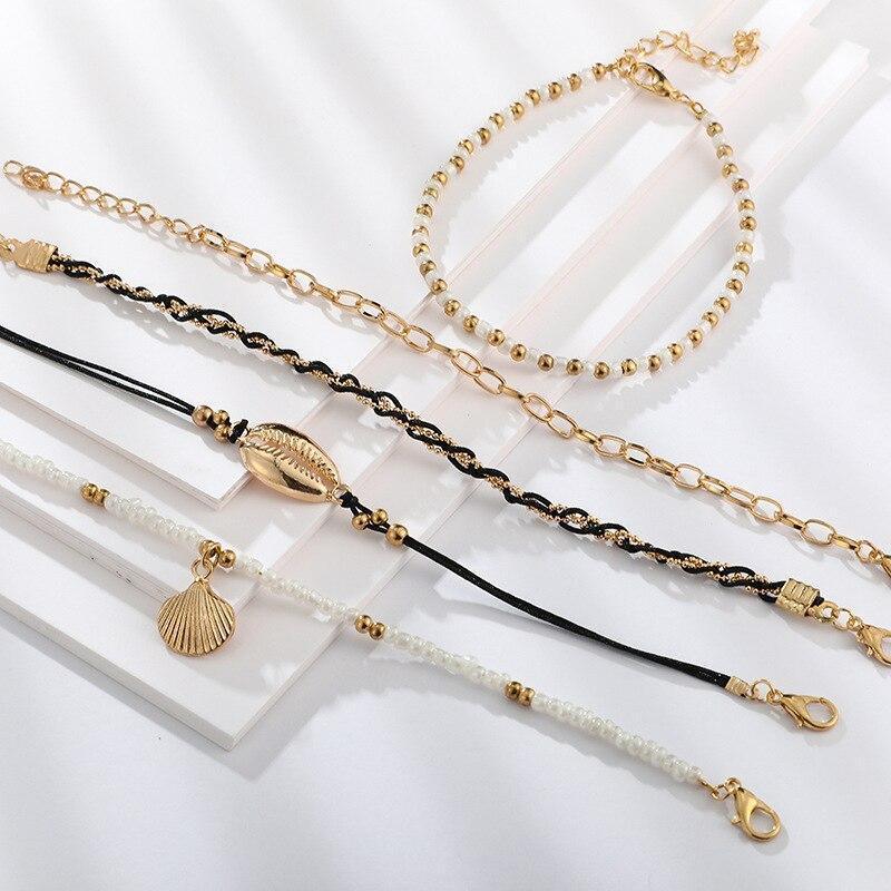 Multi Layered Gold Shell Pendant Chains Ankle Bracelet H24516
