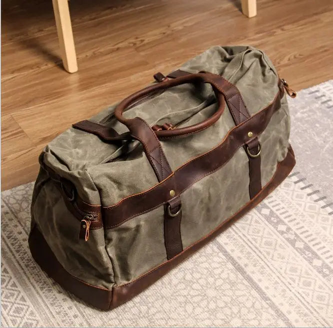 WaterProof Waxed Canvas Leather Men Travel Bag Hand Luggage