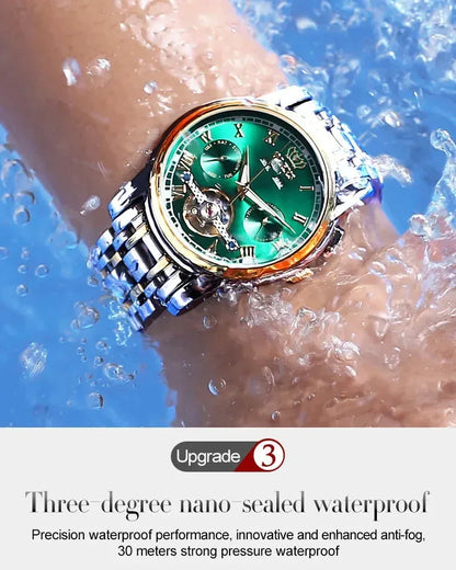 OLEVS Men's Watches Automatic Mechanical Business Wristwatch Silver green face