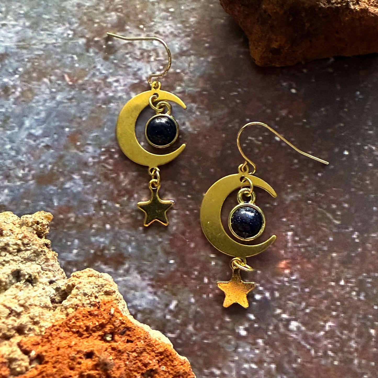 Starlit Crescent Earrings with Blue Sandstone Smooth