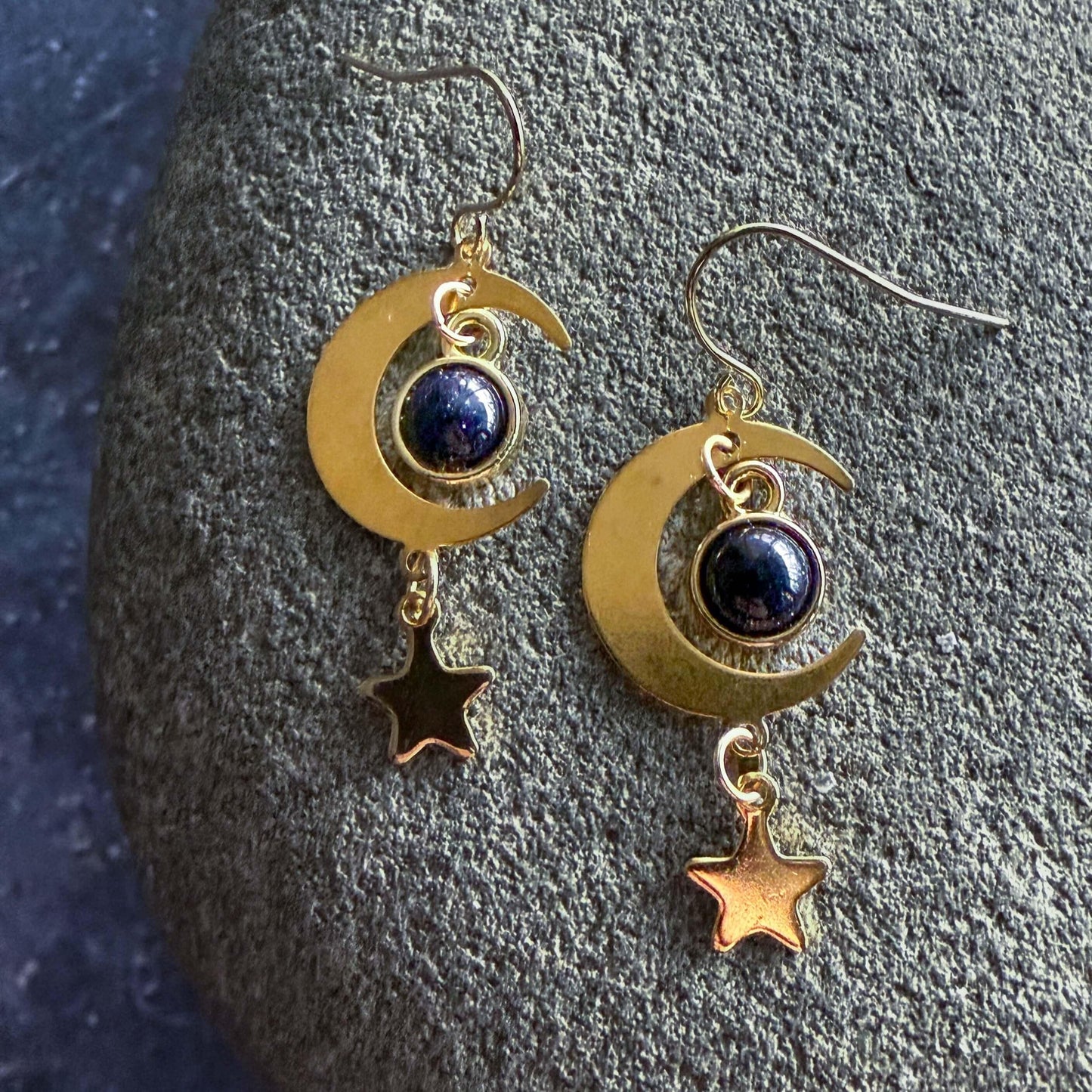 Starlit Crescent Earrings with Blue Sandstone Smooth