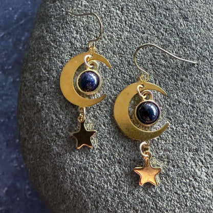 Starlit Crescent Earrings with Blue Sandstone Smooth