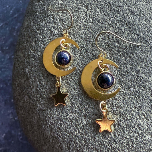 Starlit Crescent Earrings with Blue Sandstone Smooth