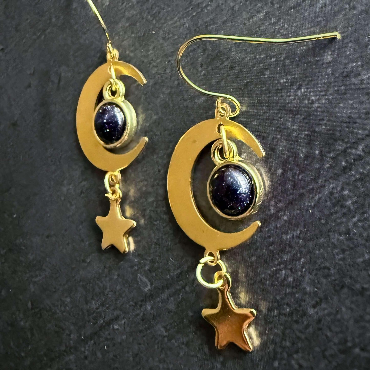 Starlit Crescent Earrings with Blue Sandstone Smooth