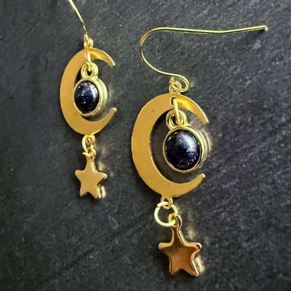 Starlit Crescent Earrings with Blue Sandstone Smooth