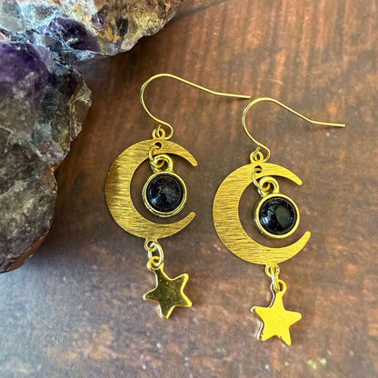 Starlit Crescent Earrings with Blue Sandstone Smooth