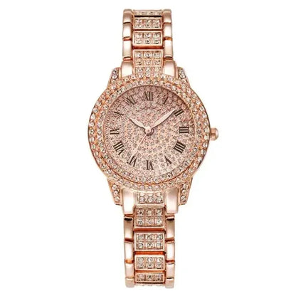 Diamond Crystals Watch and Bracelet Set 1Piece Rose Gold Watch A