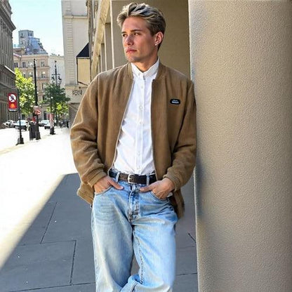 Mens Round Collar Winter Zipped Up Elbow Patch Jacket M / Khaki