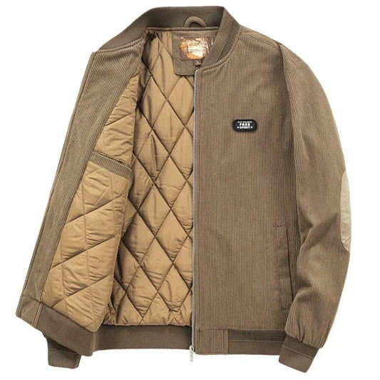 Mens Round Collar Winter Zipped Up Elbow Patch Jacket S / Green