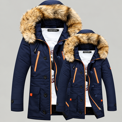 Men's Winter Padding Jacket - Parka with Faux-Fur-Trimmed Hood, Quilted Cotton Lining, & Front Flap Pockets