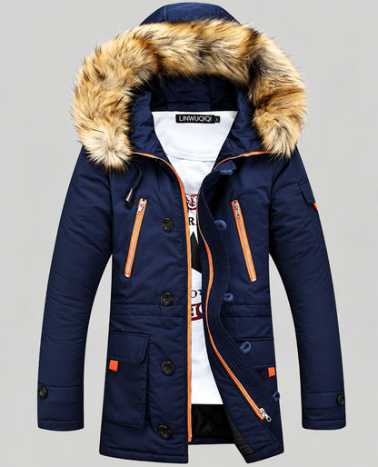 Men's Winter Padding Jacket - Parka with Faux-Fur-Trimmed Hood, Quilted Cotton Lining, & Front Flap Pockets