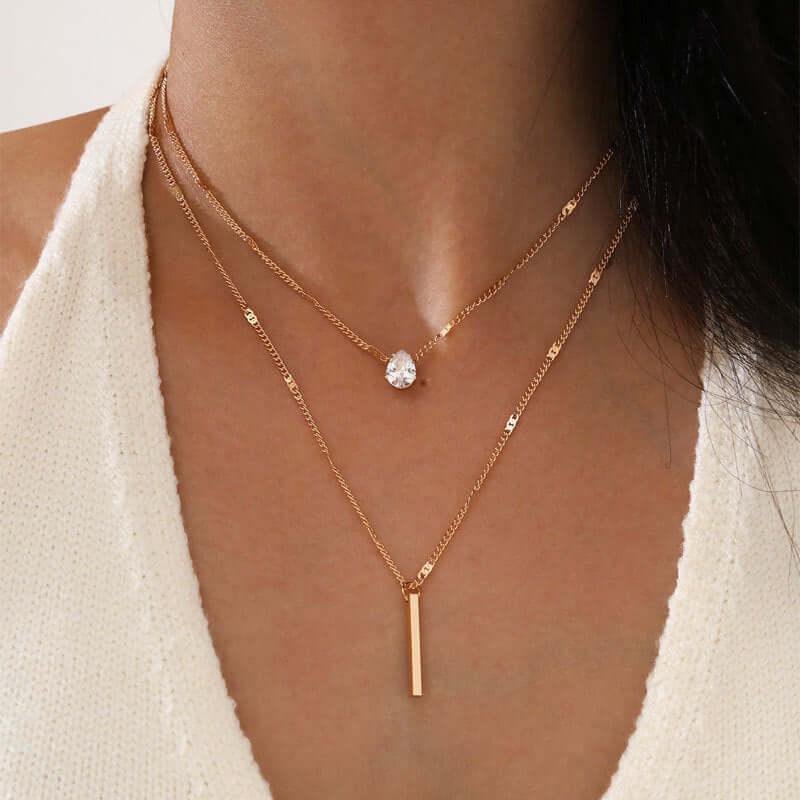 Cross-border hot sale rhinestone water drop long double-layer pendant necklace eprolo