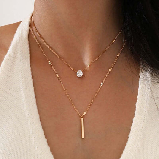 Cross-border hot sale rhinestone water drop long double-layer pendant necklace eprolo