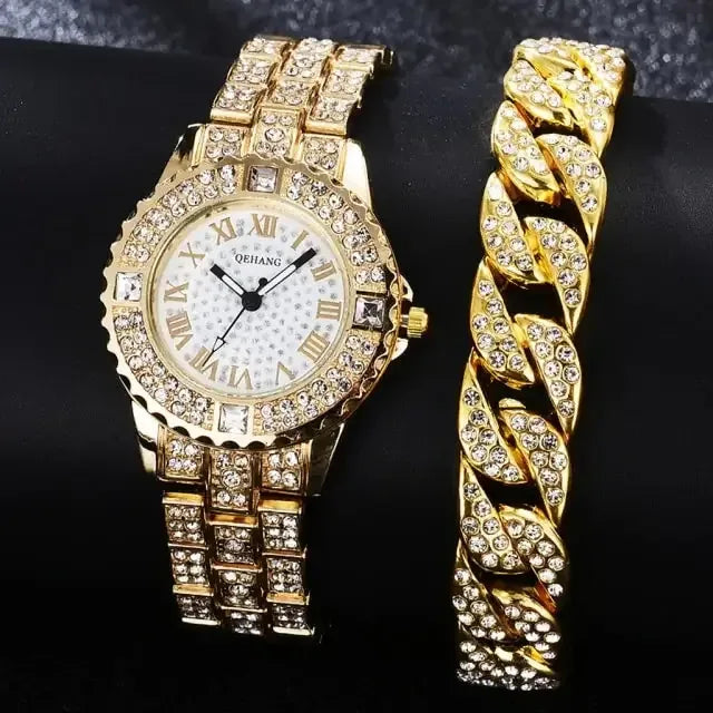 Diamond Crystals Watch and Bracelet Set 2Pieces Set Gold B
