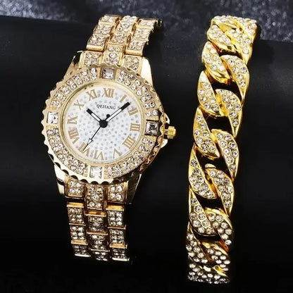 Diamond Crystals Watch and Bracelet Set 2Pieces Set Gold B