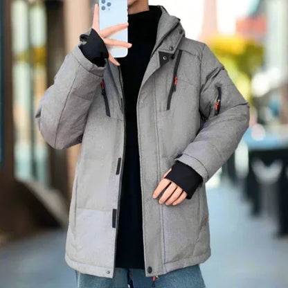 Mens High Collar Puffer Jacket With Removable Hood XL / Gray