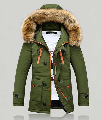 Men's Winter Padding Jacket - Parka with Faux-Fur-Trimmed Hood, Quilted Cotton Lining, & Front Flap Pockets