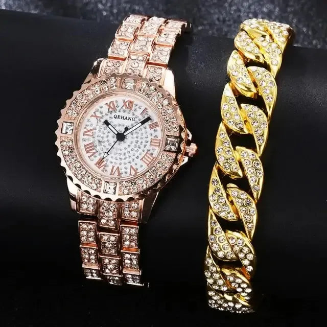 Diamond Crystals Watch and Bracelet Set 2Pieces Set Rose Gold B