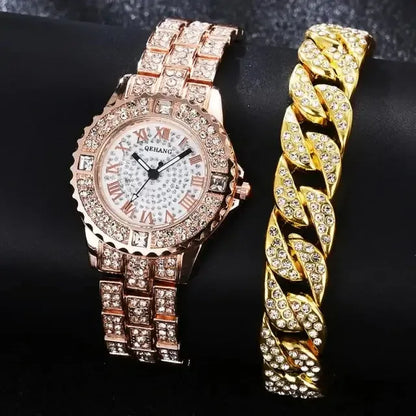 Diamond Crystals Watch and Bracelet Set 2Pieces Set Rose Gold B