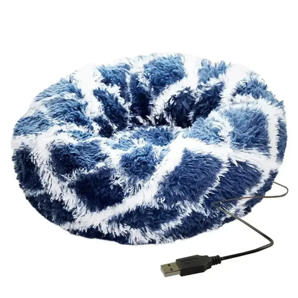 Round Dog Bed House Dog Mat Long Plush Cats Nest USB Heating Dog Basket Pet Cushion Soft Sleeping Pets Winter Warmth Supplies Gray / M / United States