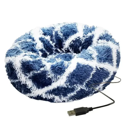 Round Dog Bed House Dog Mat Long Plush Cats Nest USB Heating Dog Basket Pet Cushion Soft Sleeping Pets Winter Warmth Supplies Gray / M / United States