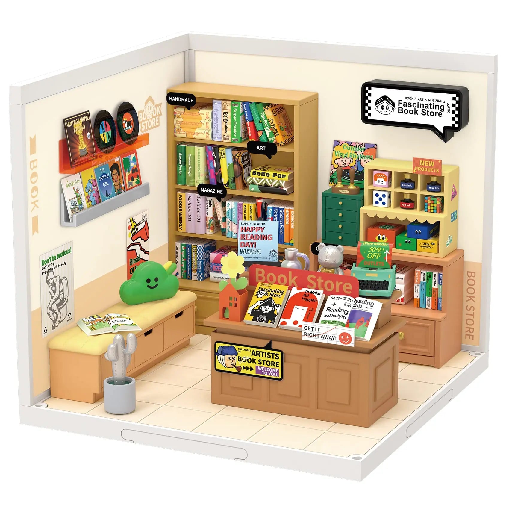 Robotime Rolife Super Creator Miniature Building Kit – Bookstore, Bakery & Bubble Tea Shop