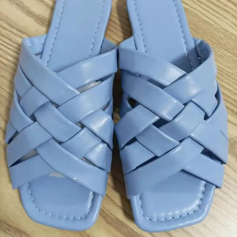 Summer Leather Flat Beach Slides Outdoor Casual Women Slippers Beige / 7.5