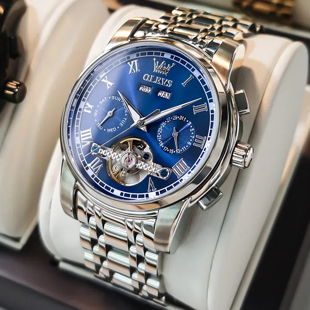 OLEVS Men's Watches Automatic Mechanical Business Wristwatch Silver blue face