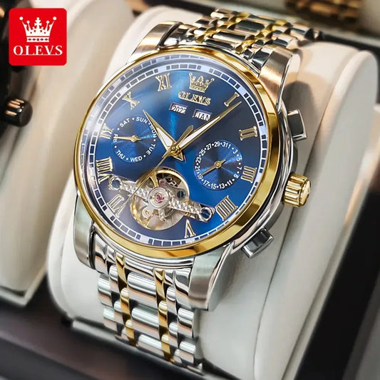 OLEVS Men's Watches Automatic Mechanical Business Wristwatch Silver green face